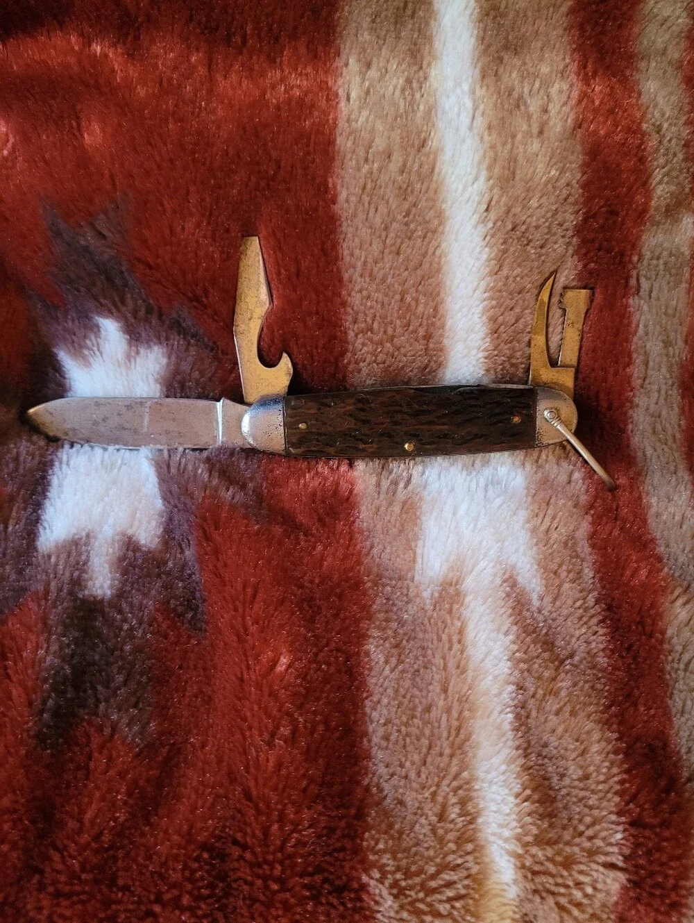 Pal Blade Co. WW2 Era 4 Blade Engineer Or Camp Knife With Brown Bone Scales USA.